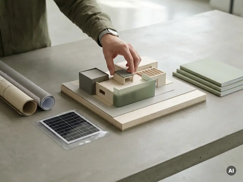 Vastgoedbeheerder plaatst laatste stuk in architectonisch schaalmodel van gebouwencomplex met zonnepaneel op betonnen bureau.