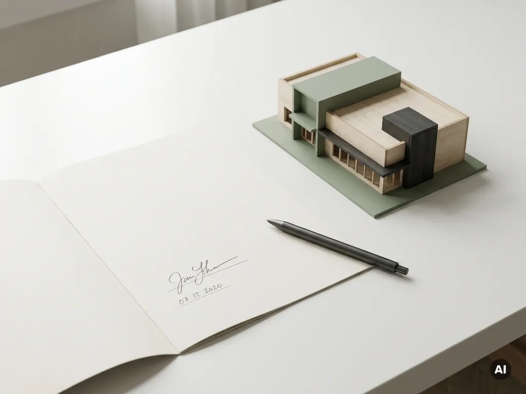 Ondertekend contract op wit bureau naast schaalmodel van commercieel gebouw, met pen diagonaal geplaatst, natuurlijk licht.