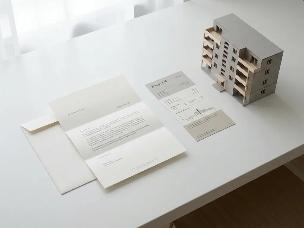 Formele verhuurderbrief op wit bureau naast energierekening en schaalmodel van appartementengebouw, bovenaanzicht.