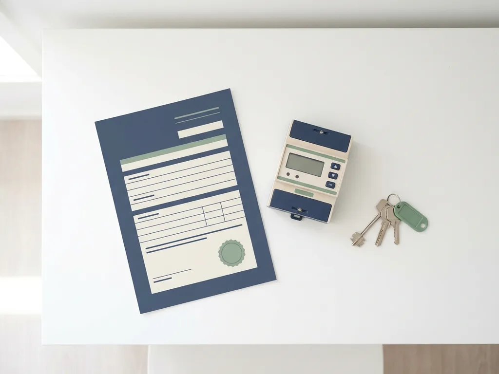 Officieel energiecompliancedocument voor verhuurders op wit bureau naast moderne energiemeter en sleutels, minimalistisch bovenaanzicht.
