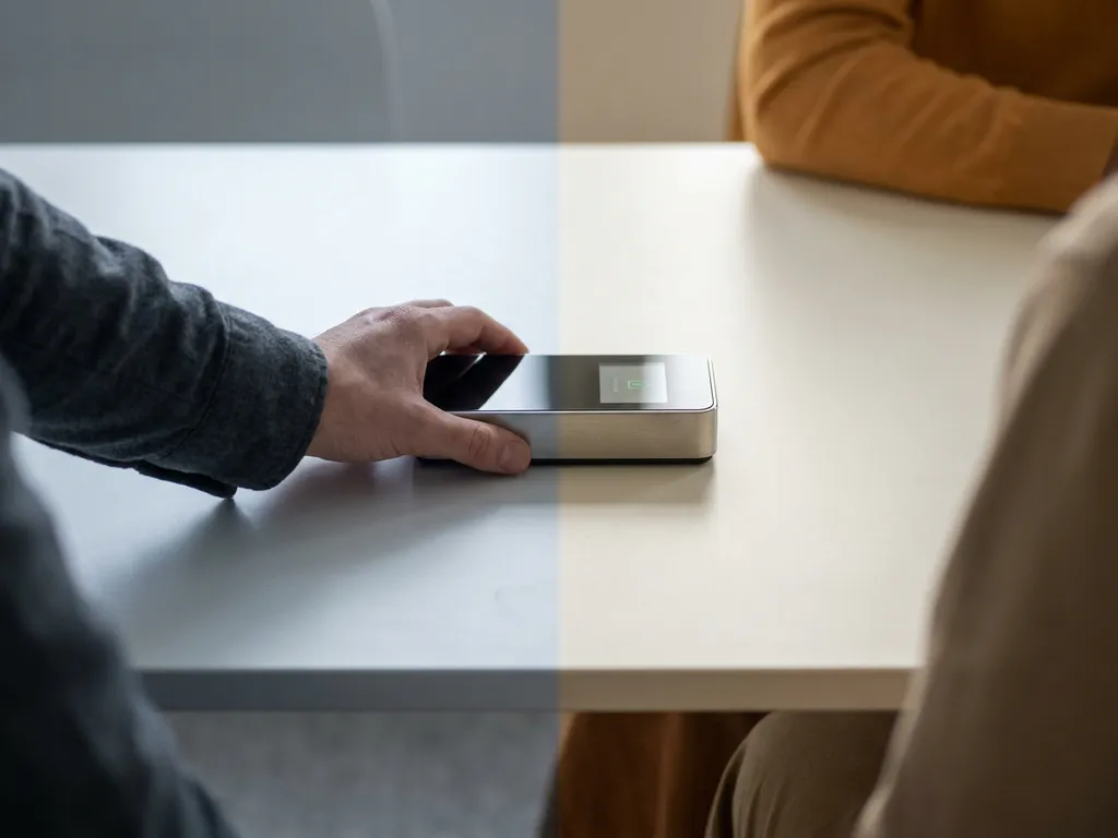 Hand die een moderne energiemeter over een witte tafel schuift, symboliserend de overdracht tussen verhuurder en huurder.