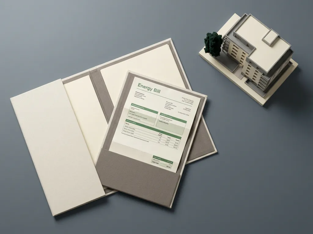 Open documentmap van verhuurder naast gevouwen energierekening en schaalmodel van appartementengebouw op minimalistisch bureau.