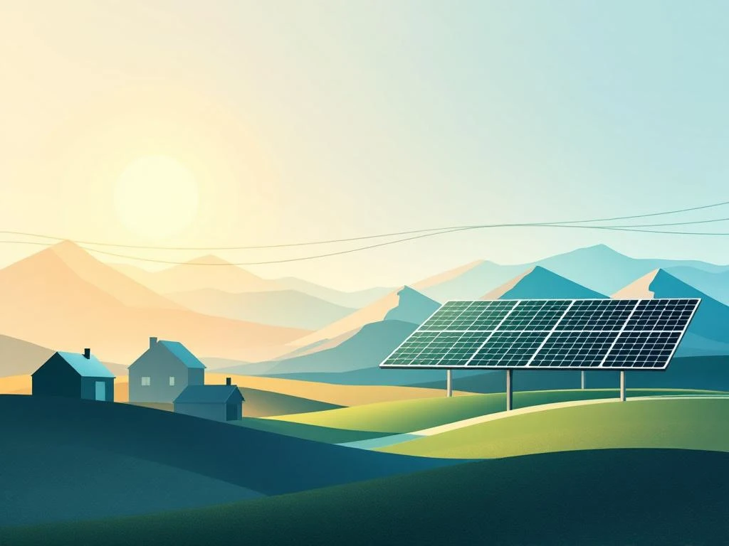 Zonnepanelen in rijen met huizen en energienetwerk symbool in groen en blauw tegen gradiënt hemel