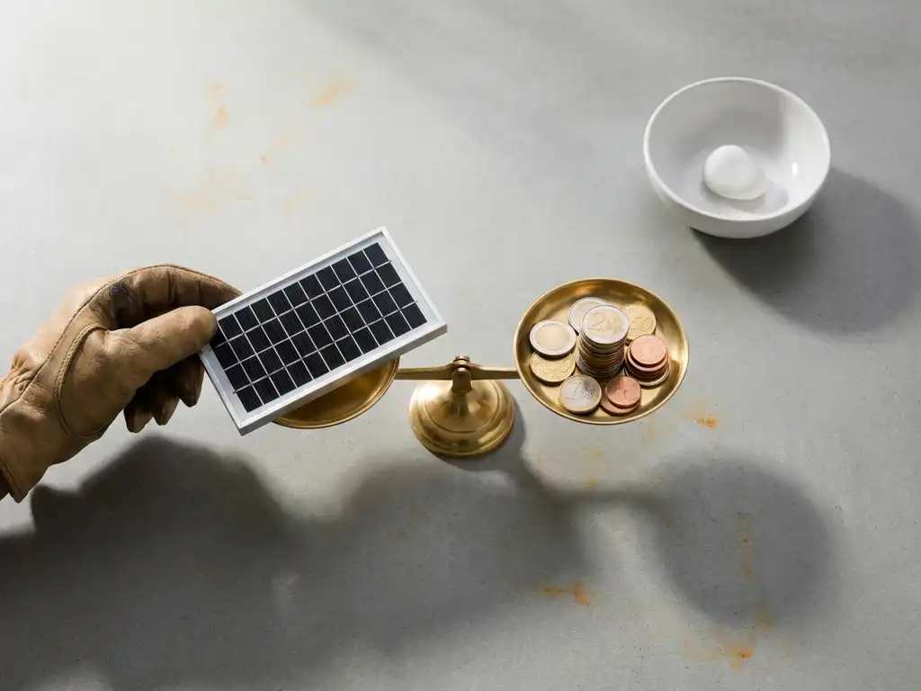 Verhuurder weegt zonnepaneel model tegen stapel euromunten op een betonnen tafel, symbool voor investering in zonne-energie.