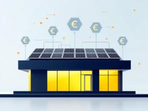 Modern kantoorgebouw met zonnepanelen op dak, euro-symbolen en gele accenten op donkerblauwe achtergrond
