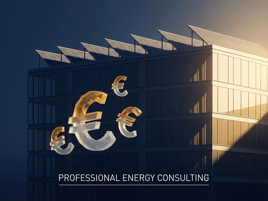 Modern kantoorgebouw met geometrische zonnepanelen op dak, gouden zonlicht en euro-symbolen, energieconsulting thema