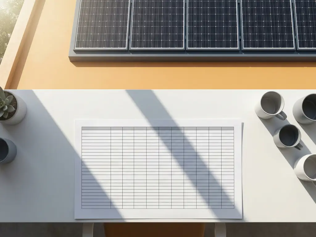 Zonnepanelen op plat dak met spreadsheet op wit bureau, geometrische schaduwen in warm amber en leisteengrijs.