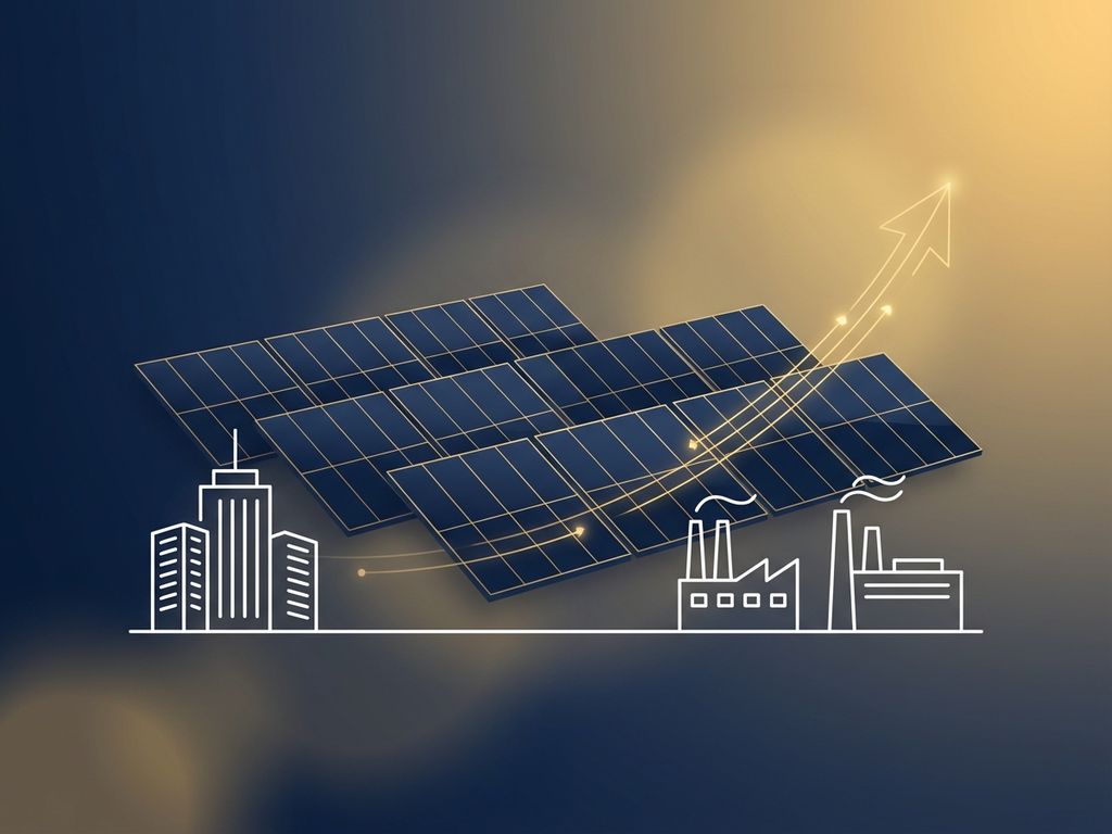 Moderne zonnepanelen in geometrische patronen met gouden pijl omhoog, kantoorgebouwen en blauwe naar gele gradiënt