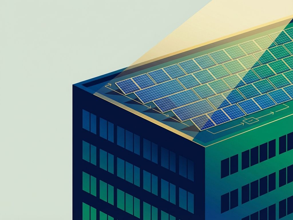 Minimalistisch kantoorgebouw met zonnepanelen op dak, blauwe en groene tinten, gouden zonlicht, duurzame energie