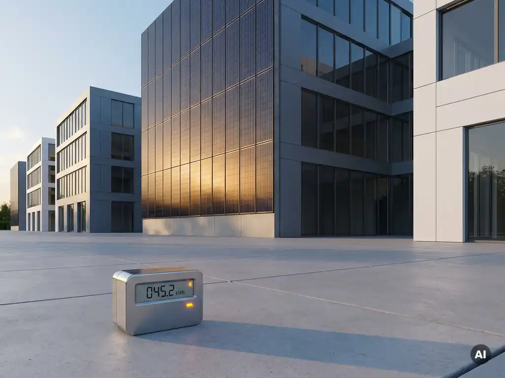 Moderne kantoorgebouwen met zonnepanelen op de gevel, energiemeter op betonnen ondergrond op de voorgrond, strak minimalistisch perspectief.