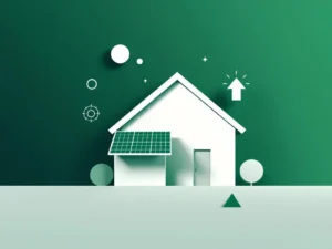 Modern huis met zonnepanelen en opwaartse pijl, omringd door geometrische vormen die energiebesparing symboliseren