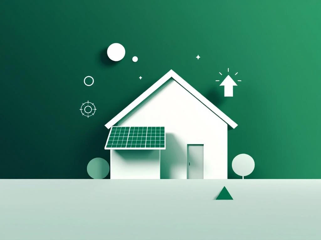 Modern huis met zonnepanelen en opwaartse pijl, omringd door geometrische vormen die energiebesparing symboliseren