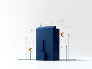 Geometrisch gebouw met zonnepaneel, gouden euro-symbolen en pijlen die subsidies en energiebesparing tonen