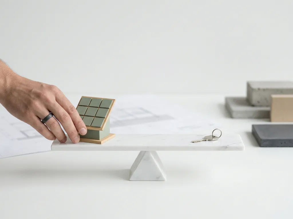 Verhuurder die een zonnepaneelmodel op een marmeren weegschaal plaatst, tegenover een huissleutel, minimalistische studio-omgeving.